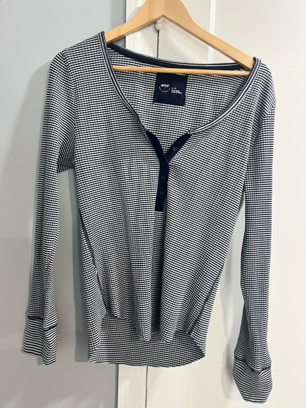 Aerie Blue & White Striped Long Sleeve Henley Top